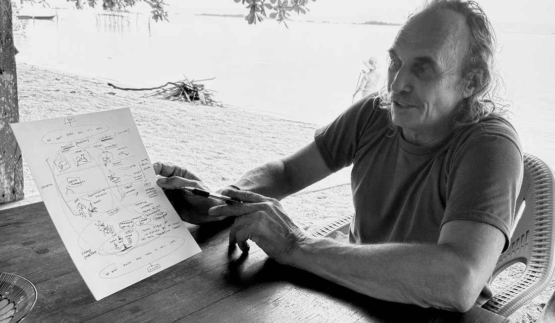 Michel Lippitsch sketching out the book's structure at Teluk Bakau